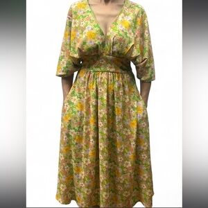 Alexia Admor Green Floral V-Neck Midi Dress with Yellow & Pink Blooms